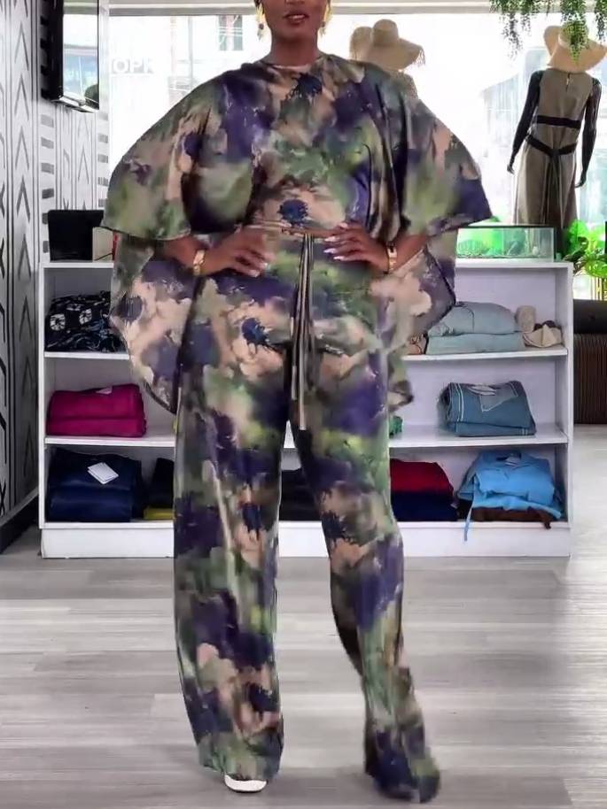 Printed Lace-up Shirt And Wide Leg Pants Suit-Shirt