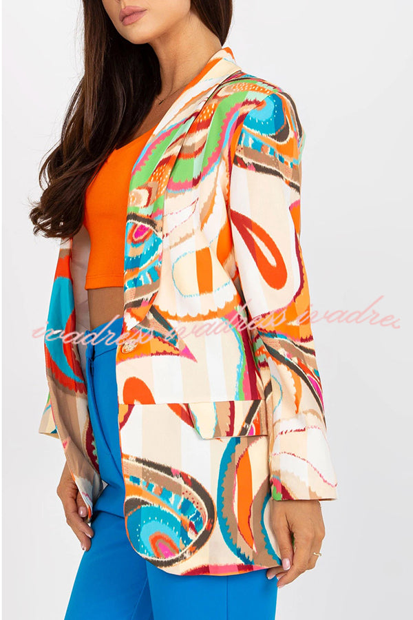 Multicolor Graphic Print Lapel Long Sleeve Blazer