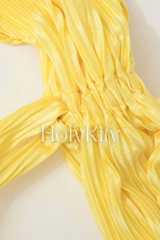 Plisse V-neck Tie Front Crop Top And Lettuce Hem Pants Set