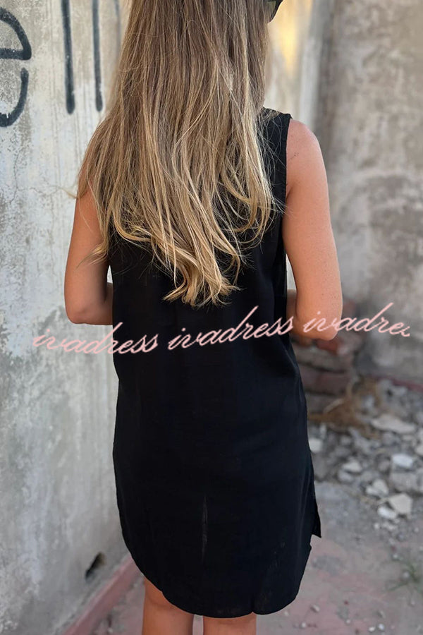 Vestido mini informal con bolsillos y escote en V sin mangas de color liso 