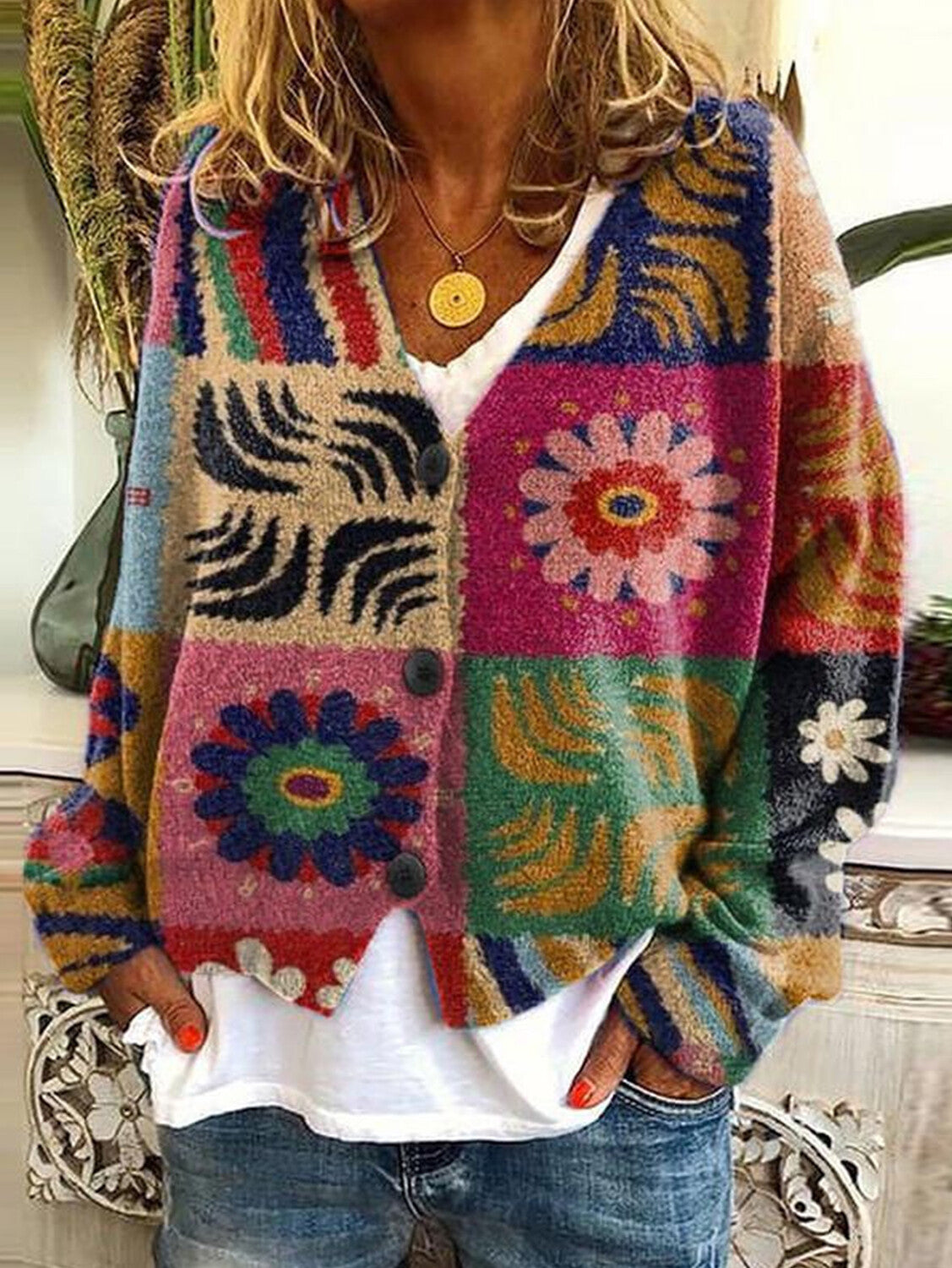 Casual Floral Pattern Three Button Knit Sweater Cardigan