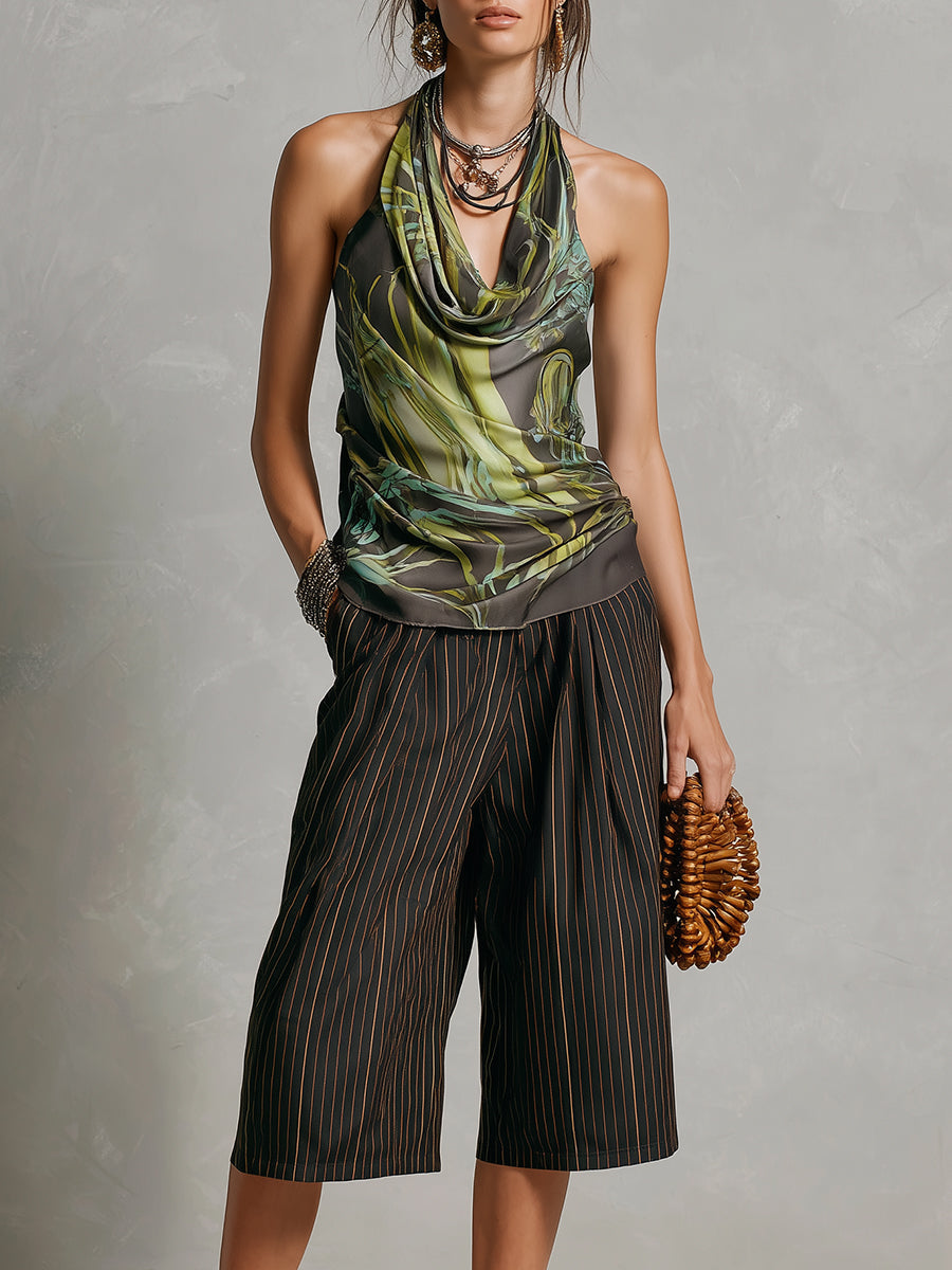 Retro Draped Halter Top & Striped Bermuda Shorts Set