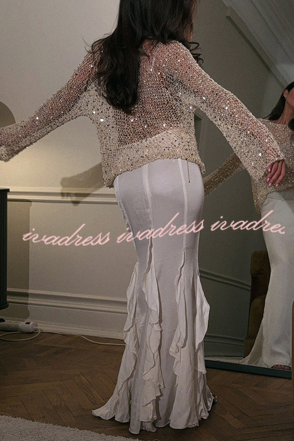 Fashion Sequined Hollow Long Sleeve Loose Knit Top