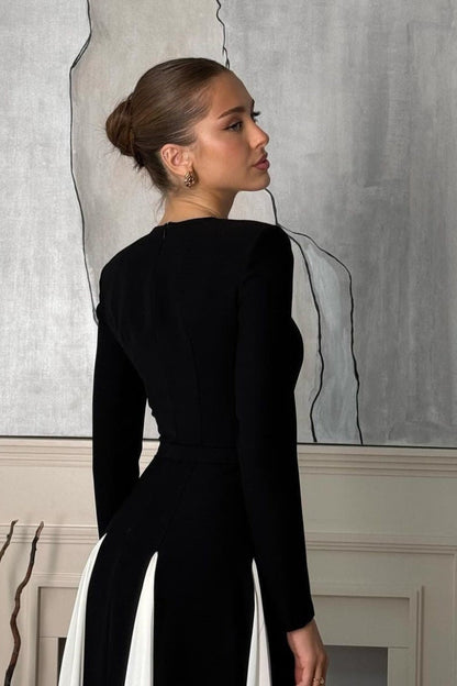 Vestido largo de manga larga de tul de doble capa en color contrastante