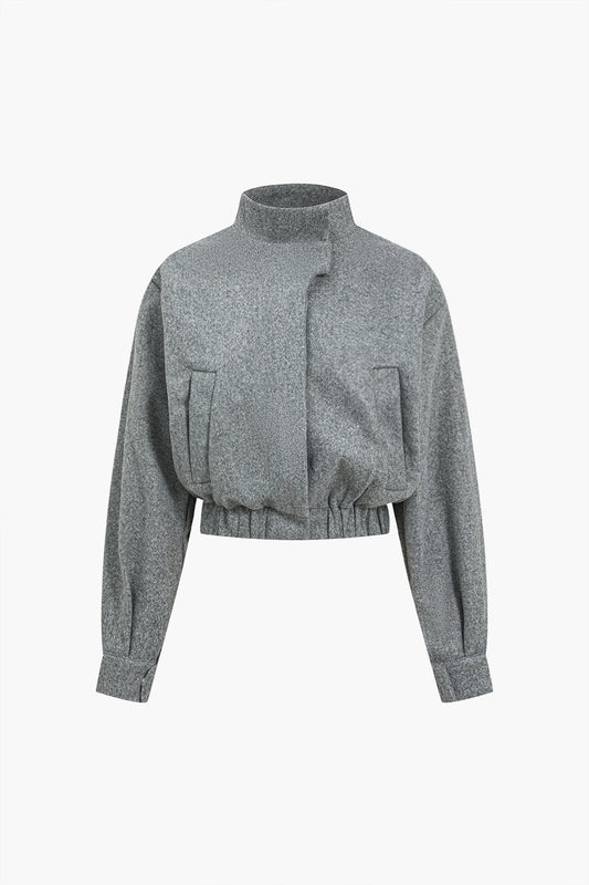 Solid Stand Collar Button Pocket Jacket