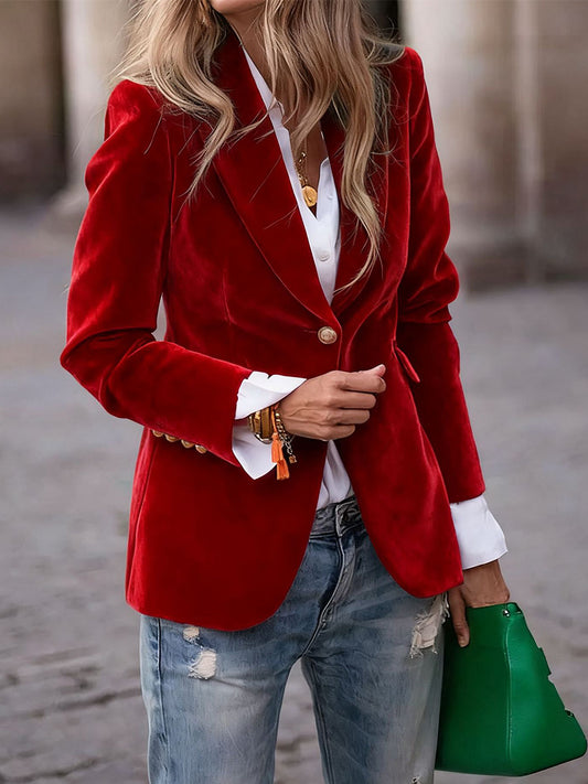 Elegant Red Velvet Lapel Collar One Button Long Sleeve Blazer