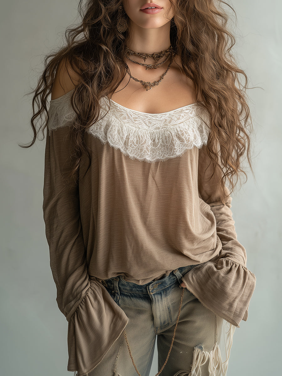 Vintage Off-the-shoulder Lace Long-sleeved T-shirt