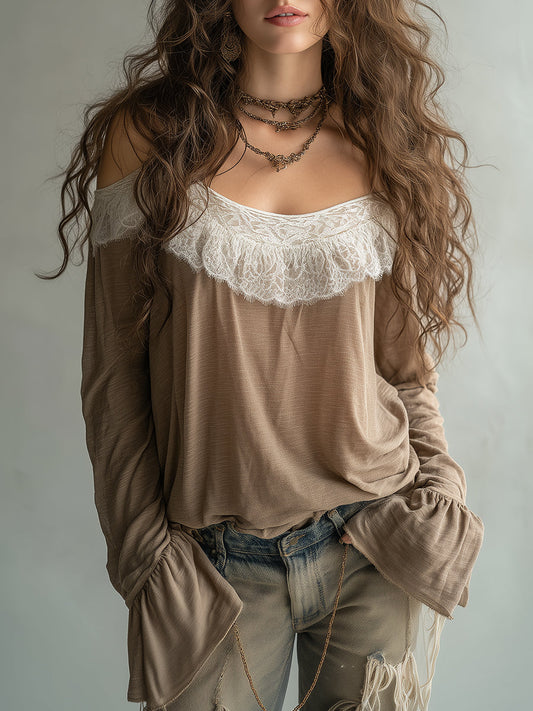 Vintage Off-the-shoulder Lace Long-sleeved T-shirt