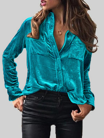 Casual Turndown Collar Pocket Button Long Sleeve Blouse