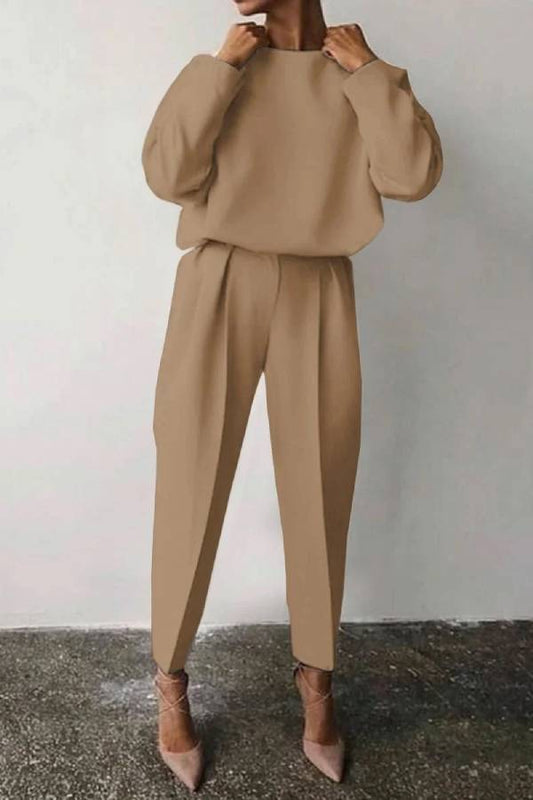 Casual Solid Color Round Neck Pencil Pants Suit