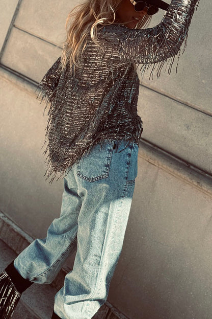 Party Crasher Sequin Tassle Fabric Long Sleeve Loose Top