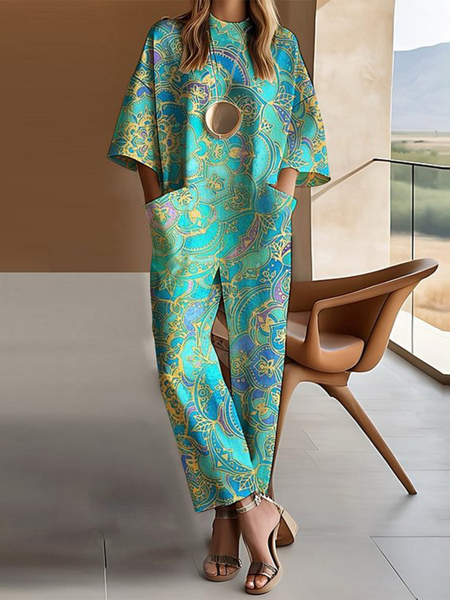 sheenchic Ethnic Patterns Drop Shoulder 3/4 Sleeve Pocket Jumpsuit