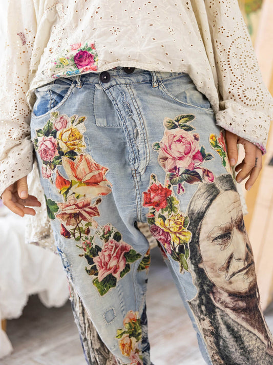 Denim Floral Character Patterns Patchwork Straight Leg Jeans