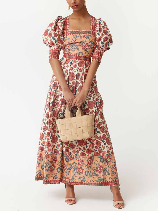 Retro Ethnic Floral Print Puff Sleeve Short Shirt