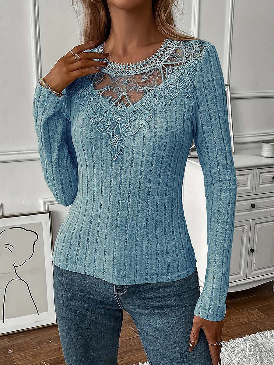 Valentines Grey Round Neck Long Sleeve Cut Out Casual Contrast Lace Blouses