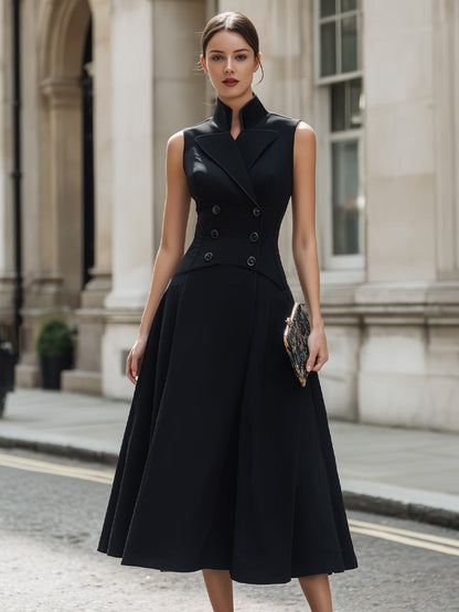 Tailored Sleeveless Double-Breasted Vest Midi Dress