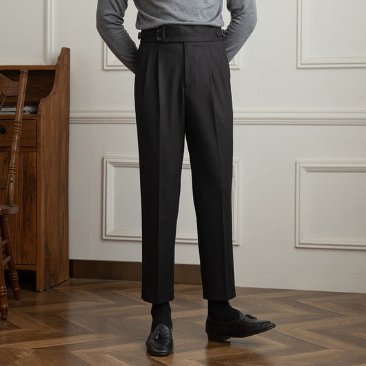 High Waist Pleated Wool Trousers | Herringbone Weave | Straight Fit