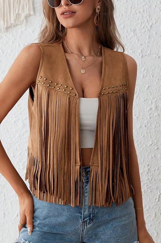 Stylish Suede V-neck Sleeveless Casual Studded Tassel Vest
