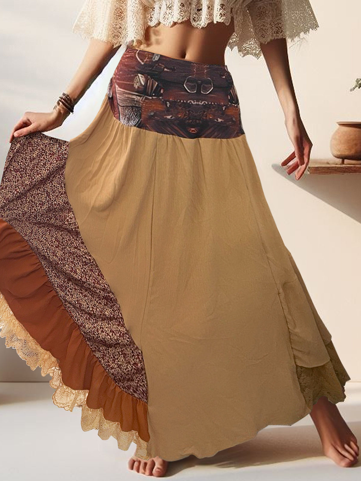 sheenchic Boho High Waist Patchwork Maxi Skirt