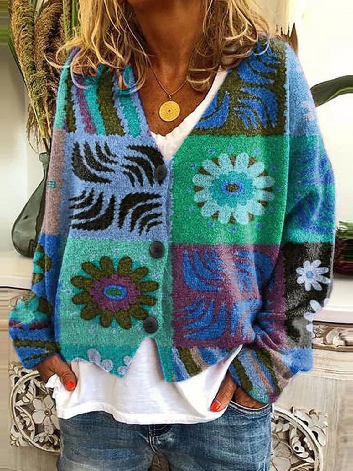 Casual Floral Pattern Three Button Knit Sweater Cardigan