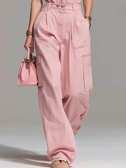 sheenchic Business Casual Pink Shirt Collar Cargo Casual Zipper Two Piece Pant Sets [Pre-Order]