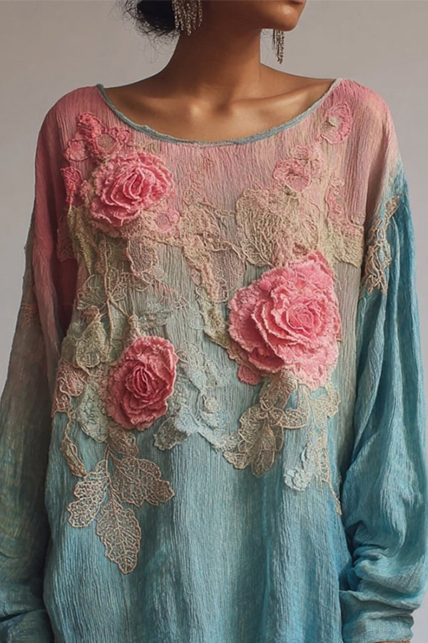 Top holgado de manga larga con cuello redondo y estampado floral bohemio 