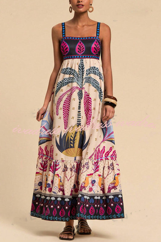 Bohemian Tropical Print Backless Casual Resort Maxi Dress