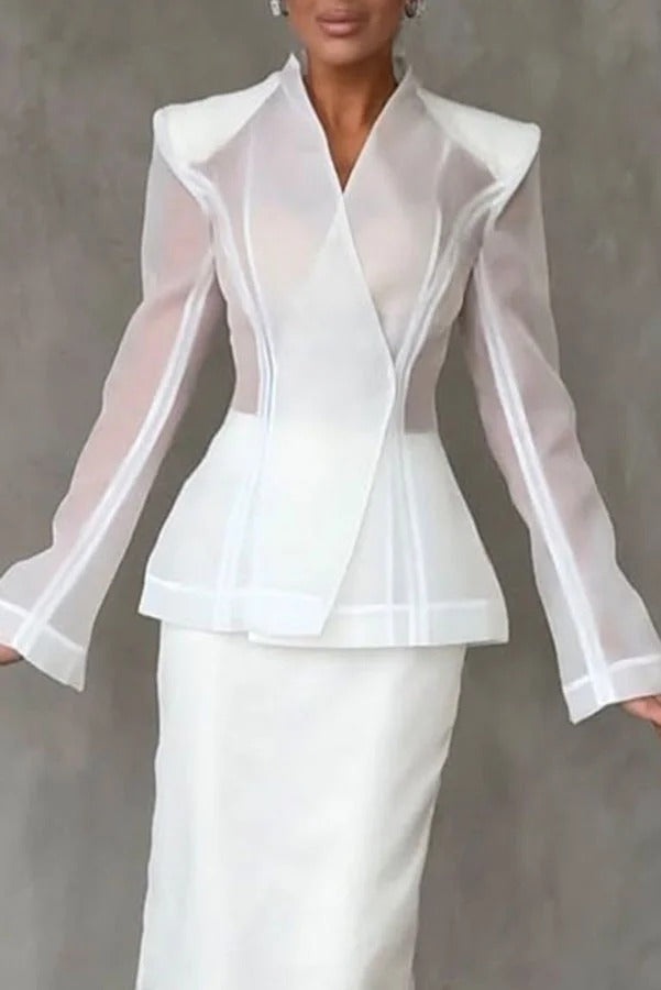 Blazer de organza con escote en V y manga larga con corte de reloj de arena de forma perfecta 