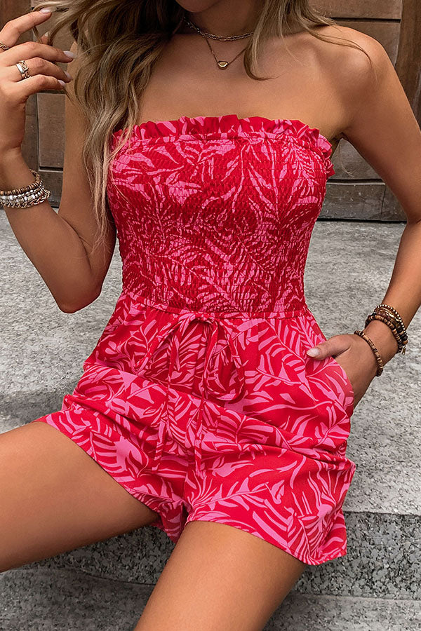 Plant Print Tube Top Lace-up Pleated Casual Rompers
