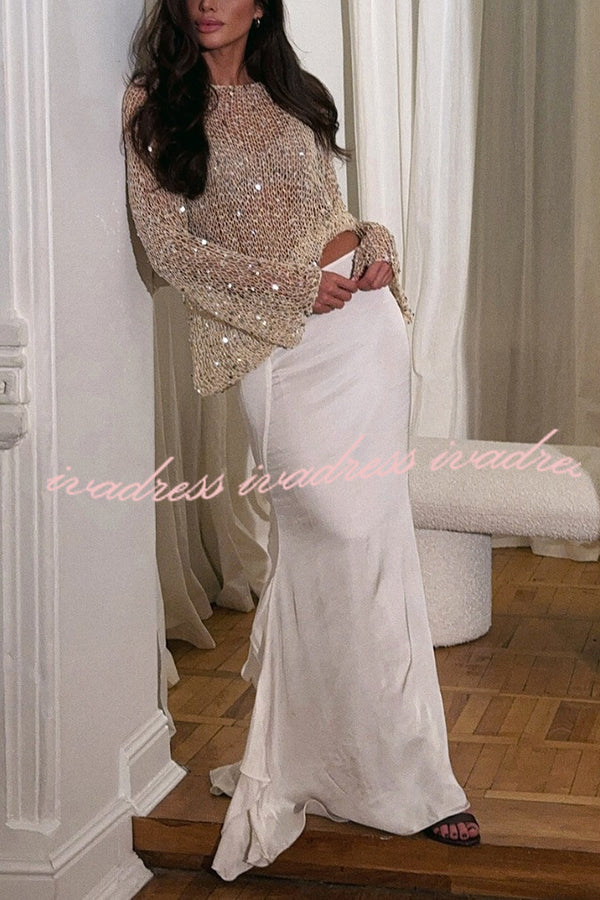 Fashion Sequined Hollow Long Sleeve Loose Knit Top