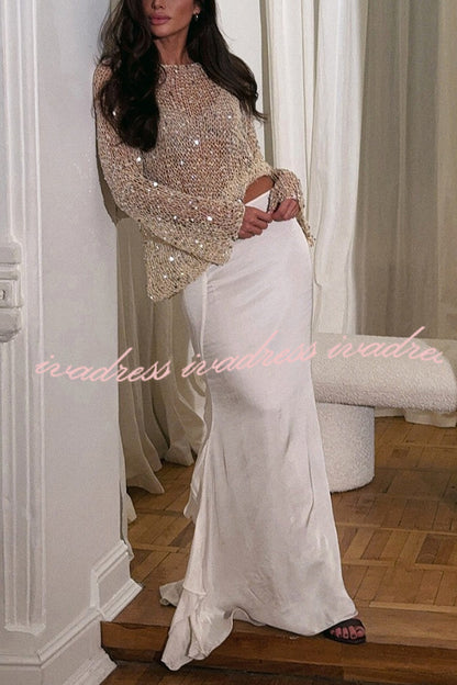 Fashion Sequined Hollow Long Sleeve Loose Knit Top