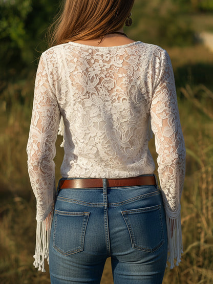 sheenchic Vacation White V Neck Long Sleeve Strappy Boho Cut Out Lace Blouses [Pre-Order]