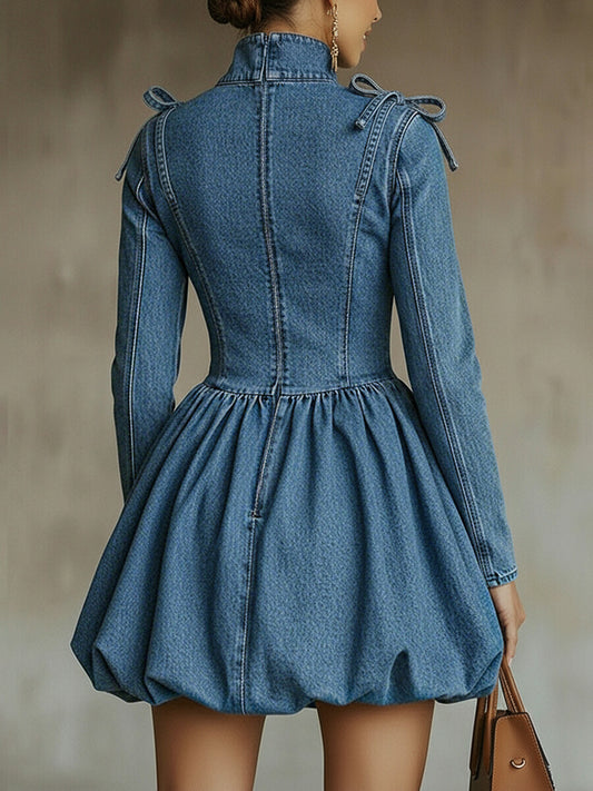 sheenchic Daily Blue High Collar Long Sleeve Lace Up Boho Contrast Denim Mini Dresses [Pre-Order]