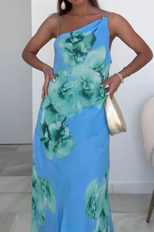 Elegante vestido de gasa estampado de un solo hombro