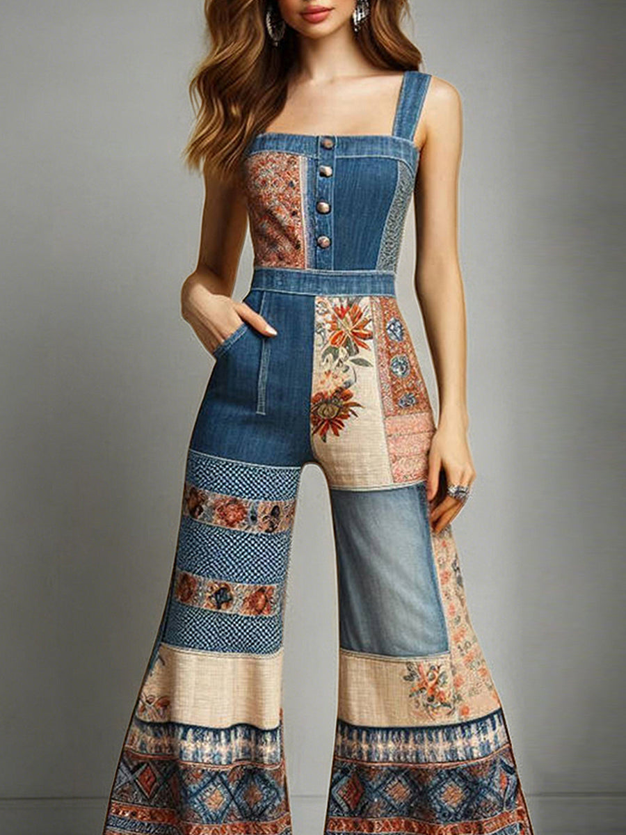 sheenchic Vacation Blue Denim Print Square Neck Pocket Western Contrast Jumpsuits [Pre-Order]