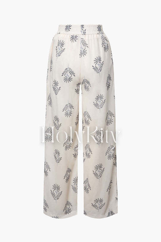 Printed V-neck Knot Front Blouse And Slit Hem Pants