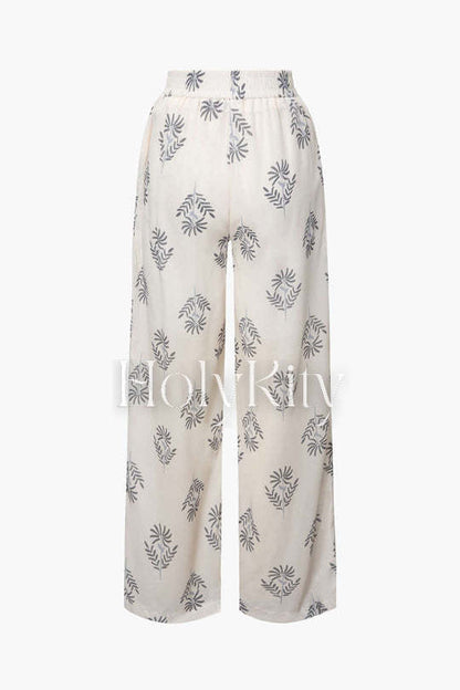 Printed V-neck Knot Front Blouse And Slit Hem Pants