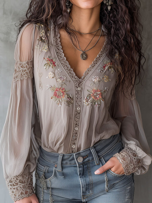sheenchic Vacation Lace Grey Floral V Neck Long Sleeve See Through Boho Contrast Tulle Blouses [Pre-Order]