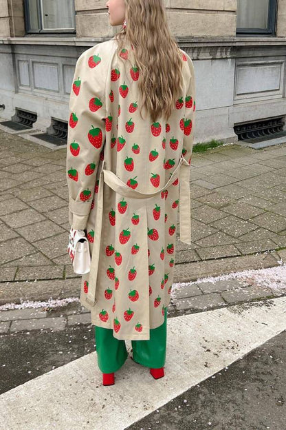 Fashion Fruit Print Long Coat Cherry Trench Coat