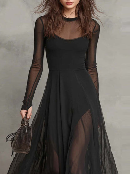 Party Black Round Neck Long Sleeve See Through Elegant Tulle Maxi Dresses
