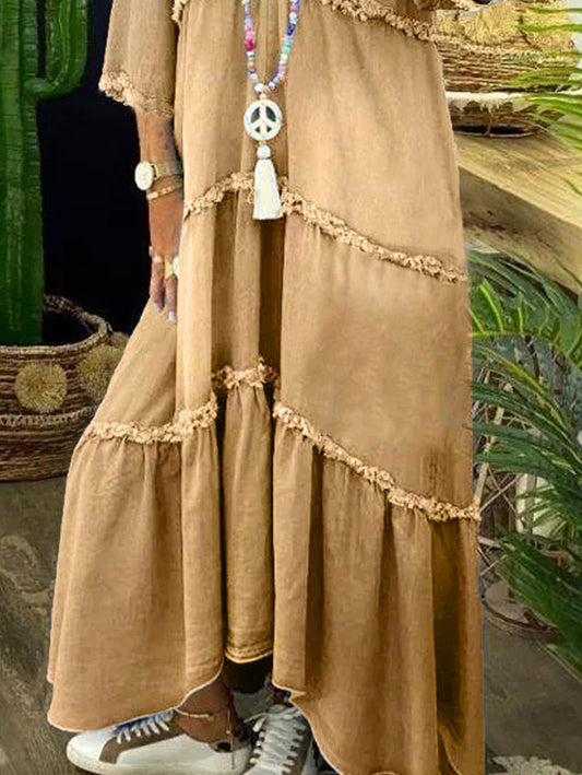 sheenchic V Neck Tiered 3/4 Sleeve Raw Edge Maxi Dress