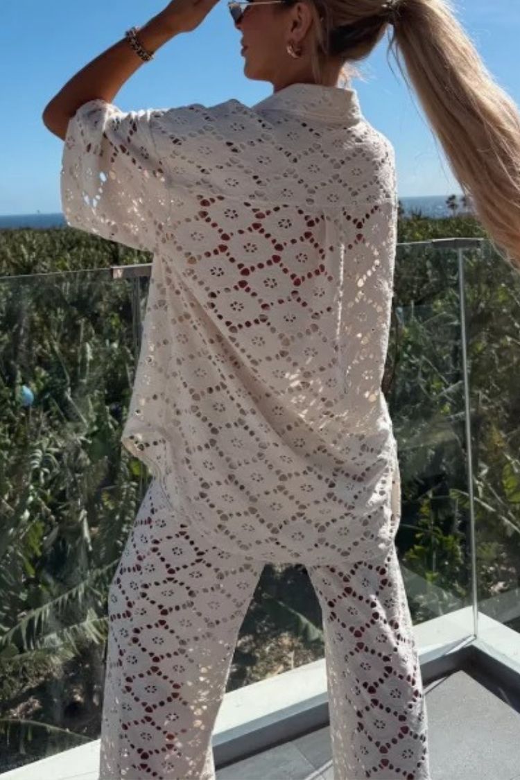 Holiday Crochet Flowers Lace Short Sleeve Shirt and Elastic Waist Wide Leg Pants Set