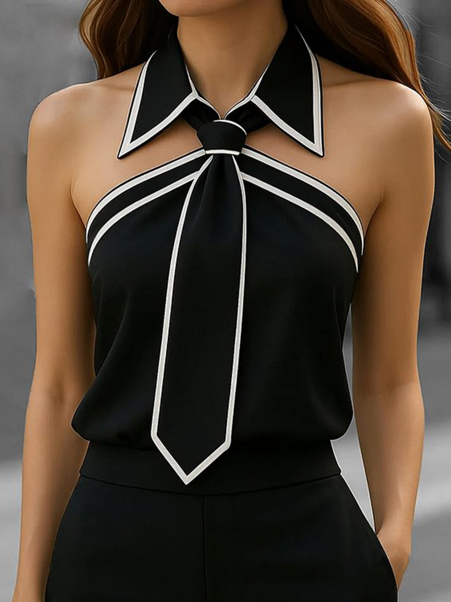 Fashion Halter Tie Neck Contrast Binding Blouse