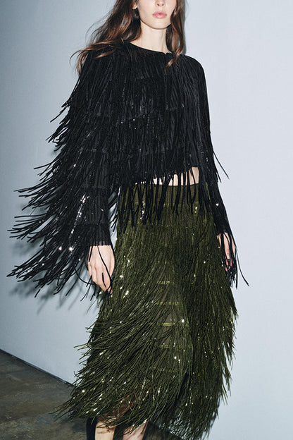 Party Crasher Layered Sequined Tassels High Rise Back Zipper Midi Skirt