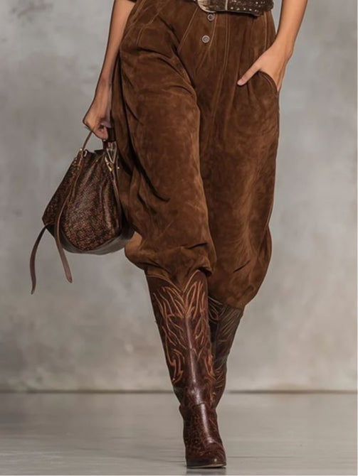 Brown Suede Jumpsuit With Lapel And Buttons