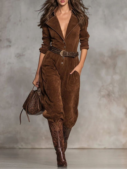 Brown Suede Jumpsuit With Lapel And Buttons