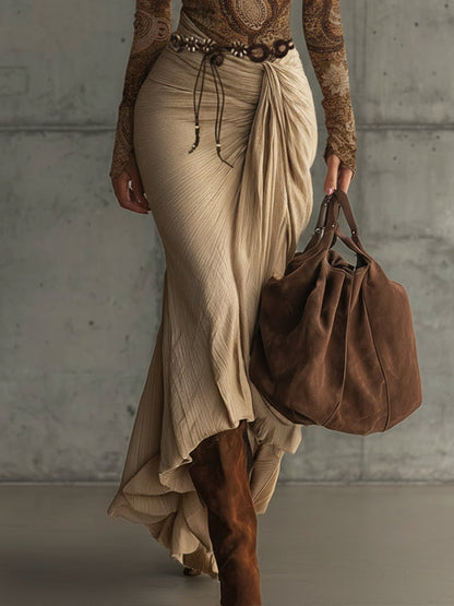 Light Brown Printed Top And Skirt Set With Bohemian Belt