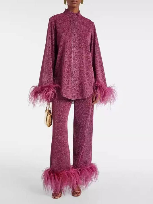Feather Stand Collar Shirt Wide-leg Pants Suit
