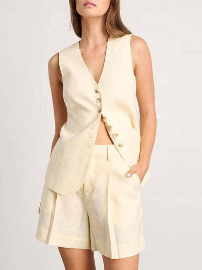 Minimalist Cotton Linen Vest And Shorts Suit