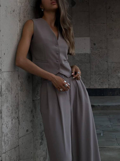 V-neck Vest Wide-leg Trousers Casual Two-piece Suit